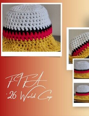 Handmade Crochet Bucket Hat in White, Yellow, Red & Black